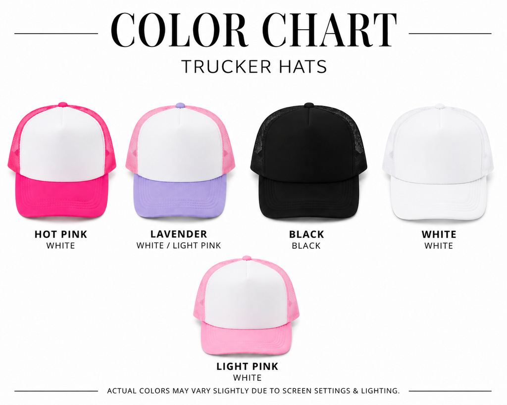 Color chart for trucker hats with different color combinations on a white background.