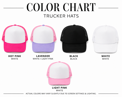 Color chart for trucker hats with different color combinations on a white background.