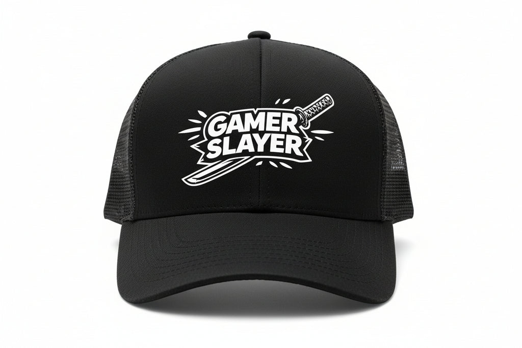 Black cap with 'Gamer Slayer' text on a textured surface
