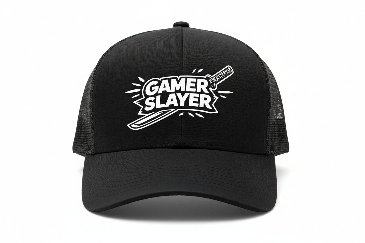 Black cap with 'Gamer Slayer' text on a textured surface