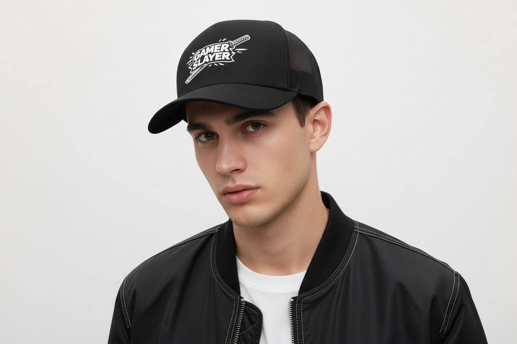 Person wearing a black cap with a logo and text, against a plain background