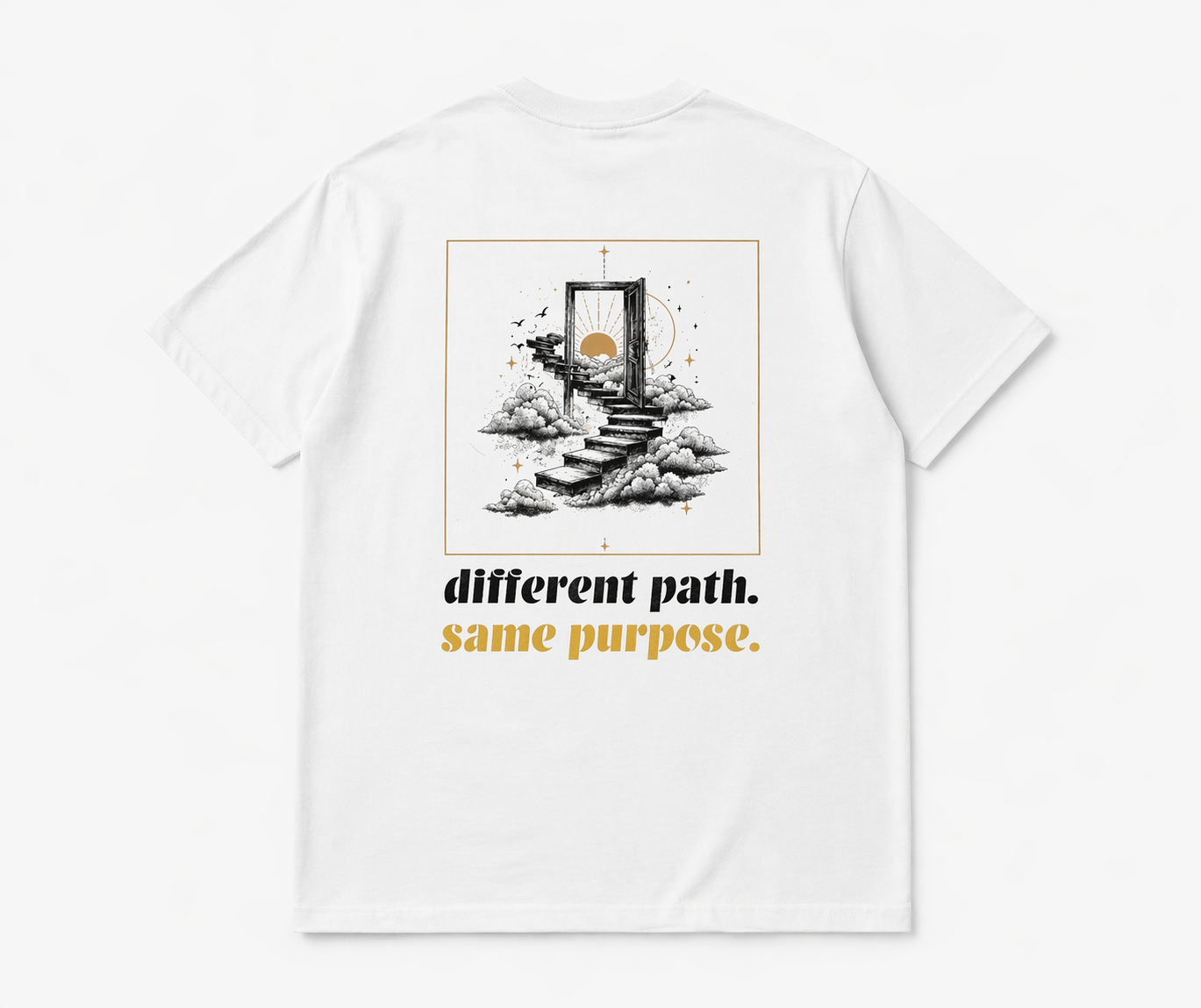 White t-shirt with artistic design and text 'different path. same purpose.' on a white background