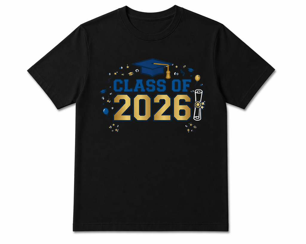 Black t-shirt with 'Class of 2026' design featuring a graduation cap and diploma on a white background.