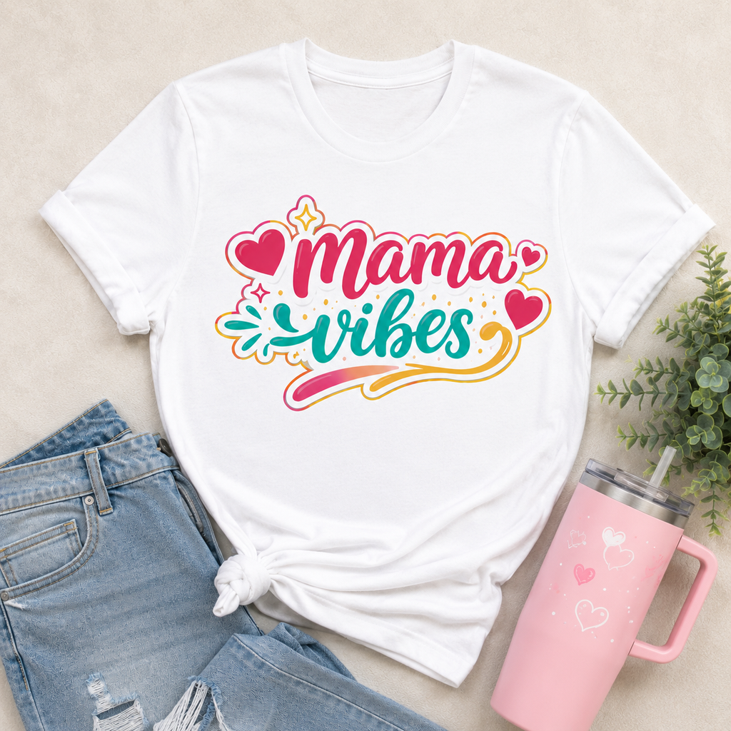 White t-shirt with 'Mama Vibes' design, paired with denim shorts and a pink tumbler on a neutral background.