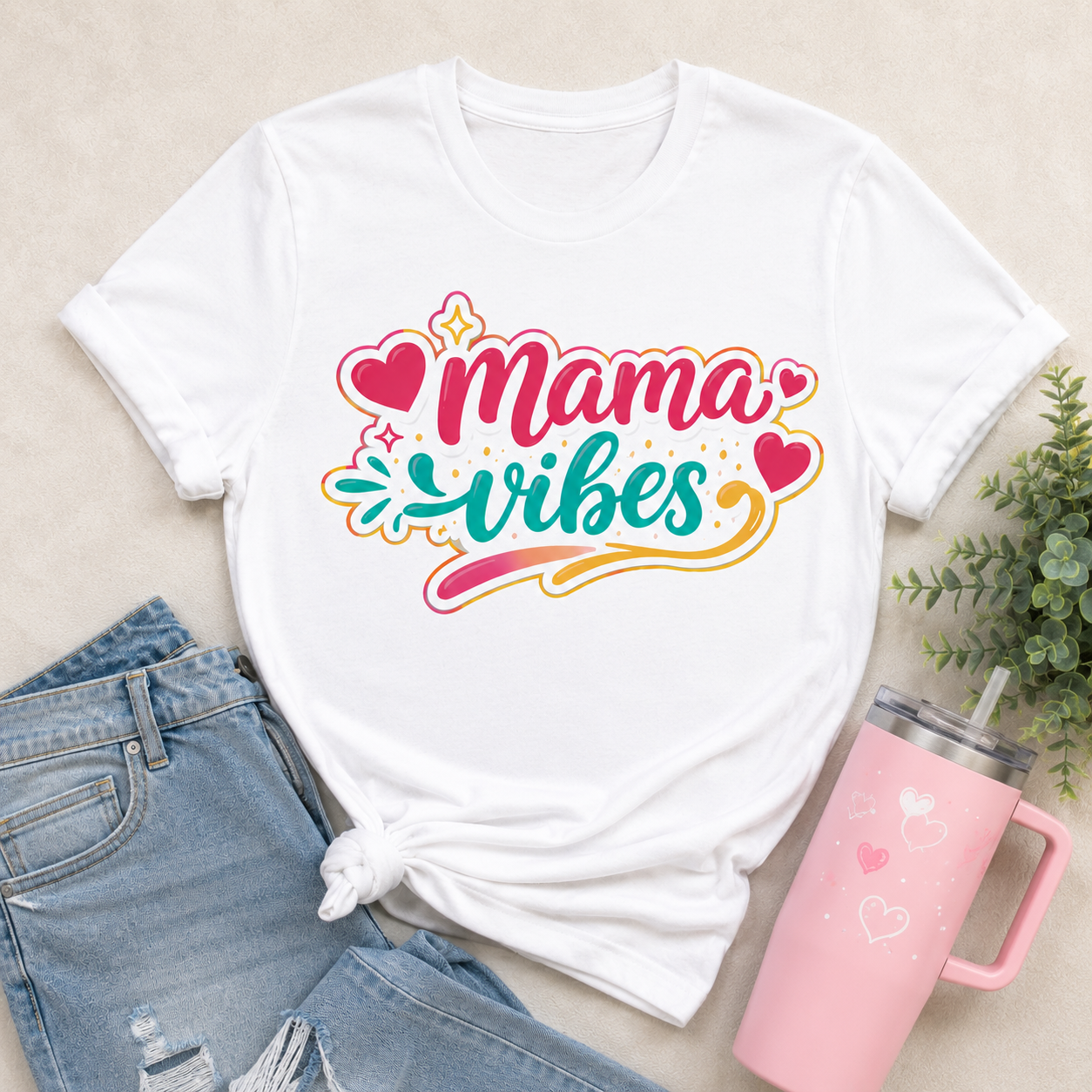 White t-shirt with 'Mama Vibes' design, paired with denim shorts and a pink tumbler on a neutral background.