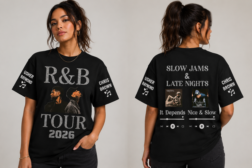 Black t-shirt with music-themed designs on a plain background