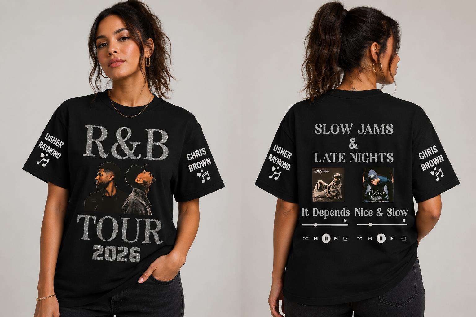 Black t-shirt with music-themed designs on a plain background