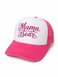 Pink and white cap with 'Mama Bear' text on a white background
