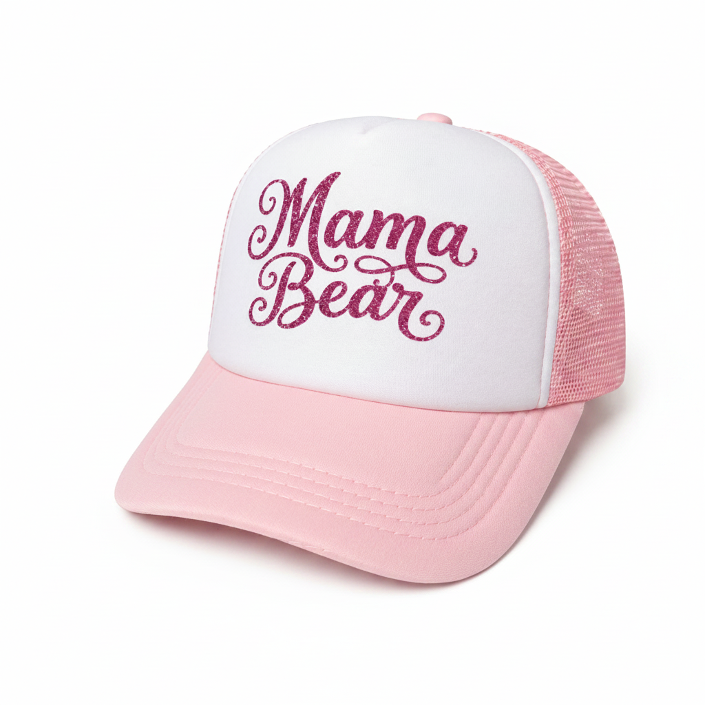 Pink and white cap with 'Mama Bear' text on a white background