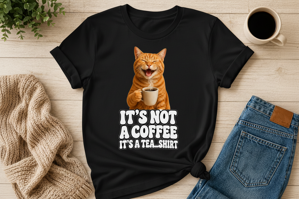 White t-shirt with a cat graphic and text on a wooden surface with a cup of coffee and jeans.