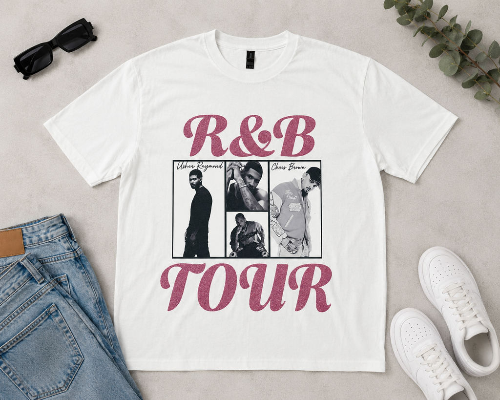 White t-shirt with 'R&B Tour' design featuring images of people, sunglasses, jeans, and sneakers on a light gray background.