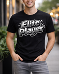 Man wearing a black t-shirt with 'Elite Player' text in an urban setting