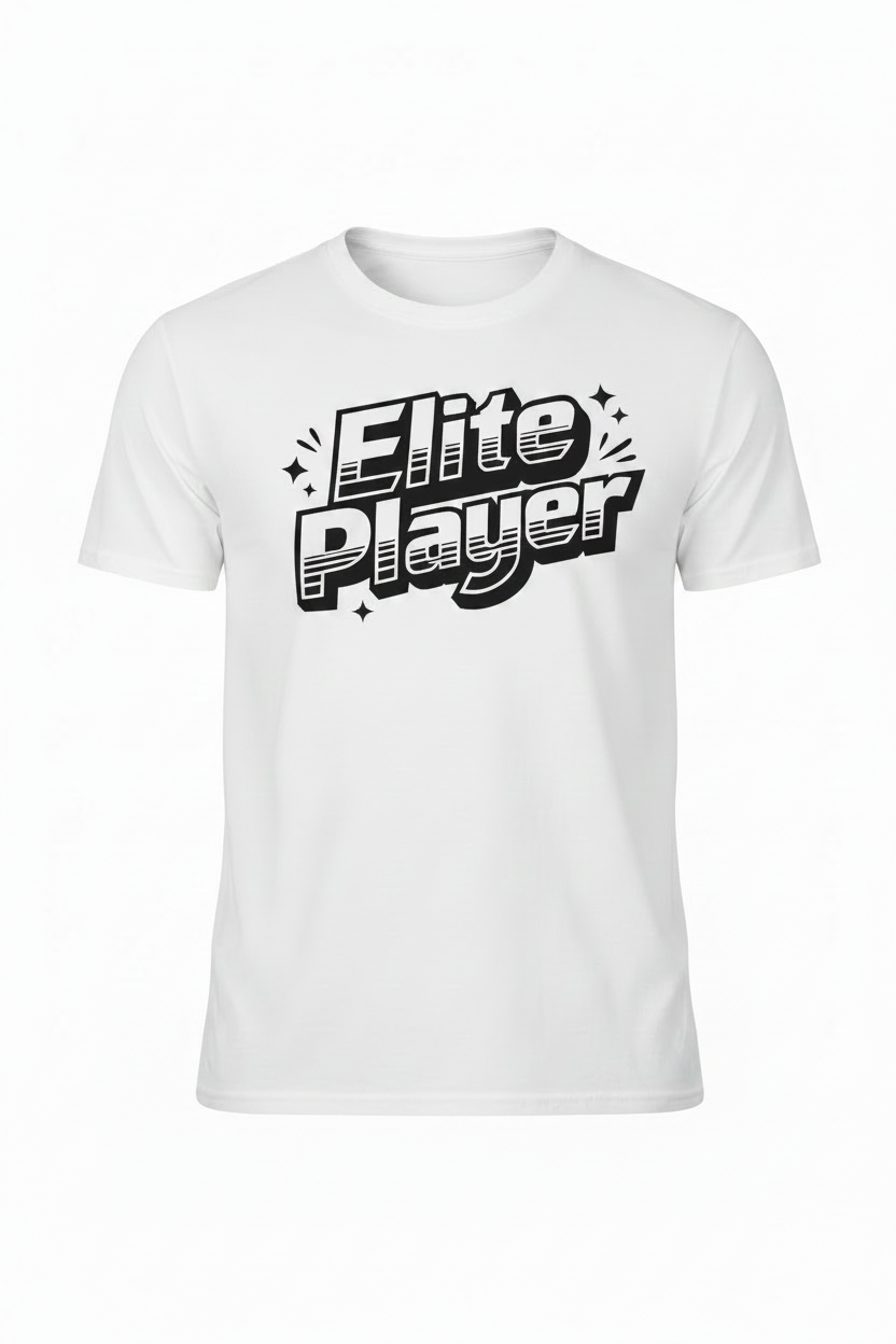 White t-shirt with 'Elite Player' text on a white background