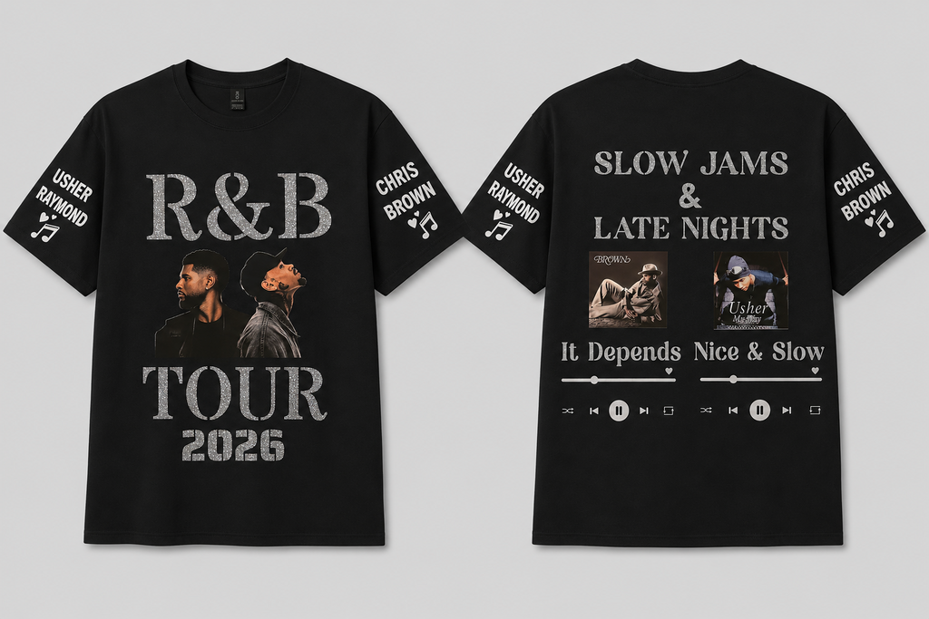 Black t-shirt with 'R&B Tour 2026' and 'Slow Jams & Late Nights' text, featuring images of 2 men.
