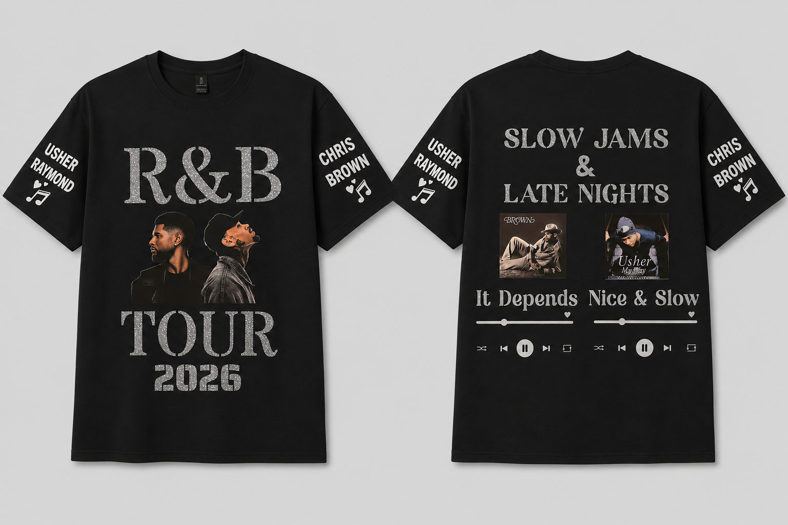 Black t-shirt with 'R&B Tour 2026' and 'Slow Jams & Late Nights' text, featuring images of 2 men.