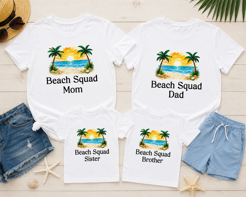 Four white t-shirts with 'Beach Squad' text and graphics on a wooden surface with shorts and beach accessories.