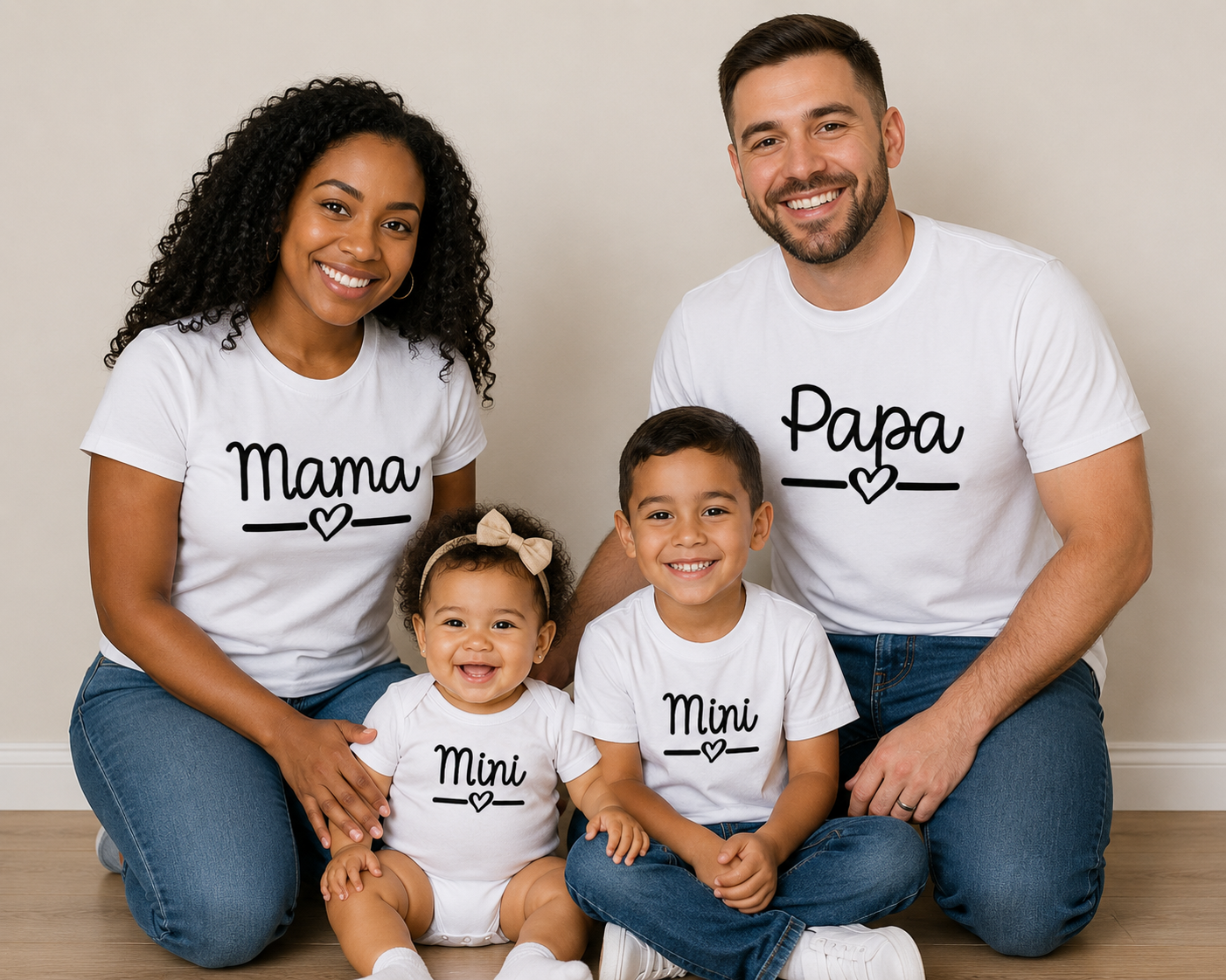 Family of four wearing matching white t-shirts with爸爸妈妈 and mini printed on them.