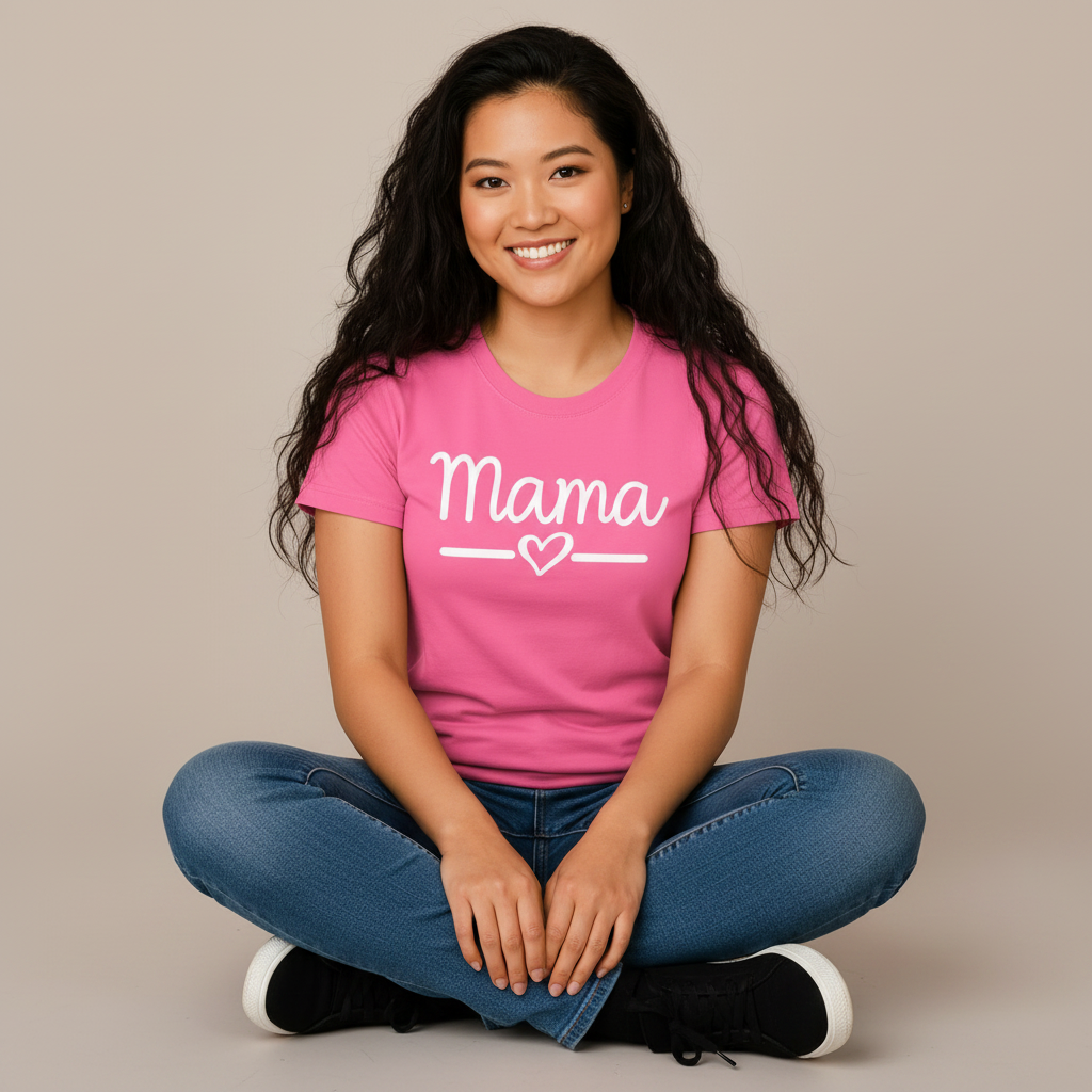 Person wearing a pink 'Mama' t-shirt sitting on the floor against a plain background