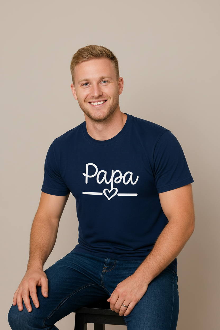 Man wearing a navy blue t-shirt with 'Papa' and a heart on a beige background