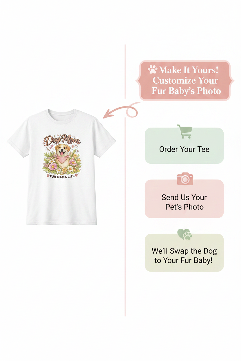 White t-shirt with a dog graphic and text inviting customization with a pet photo