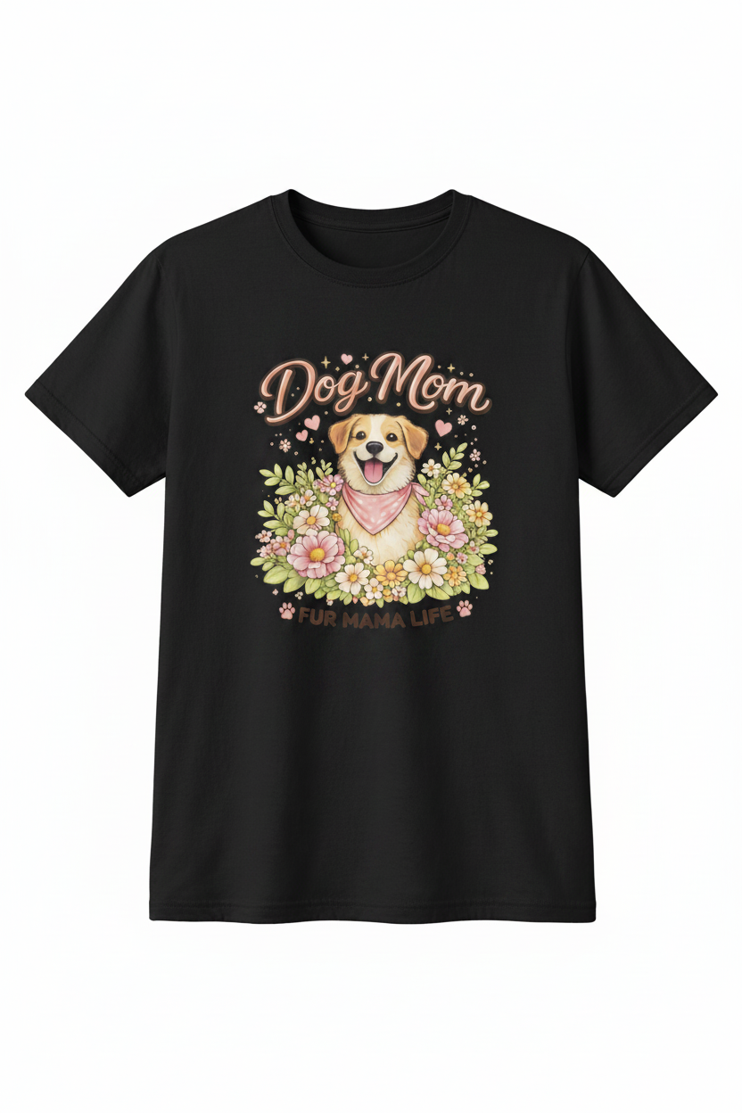 Black t-shirt with a dog mom graphic design featuring a dog and flowers on a white background.