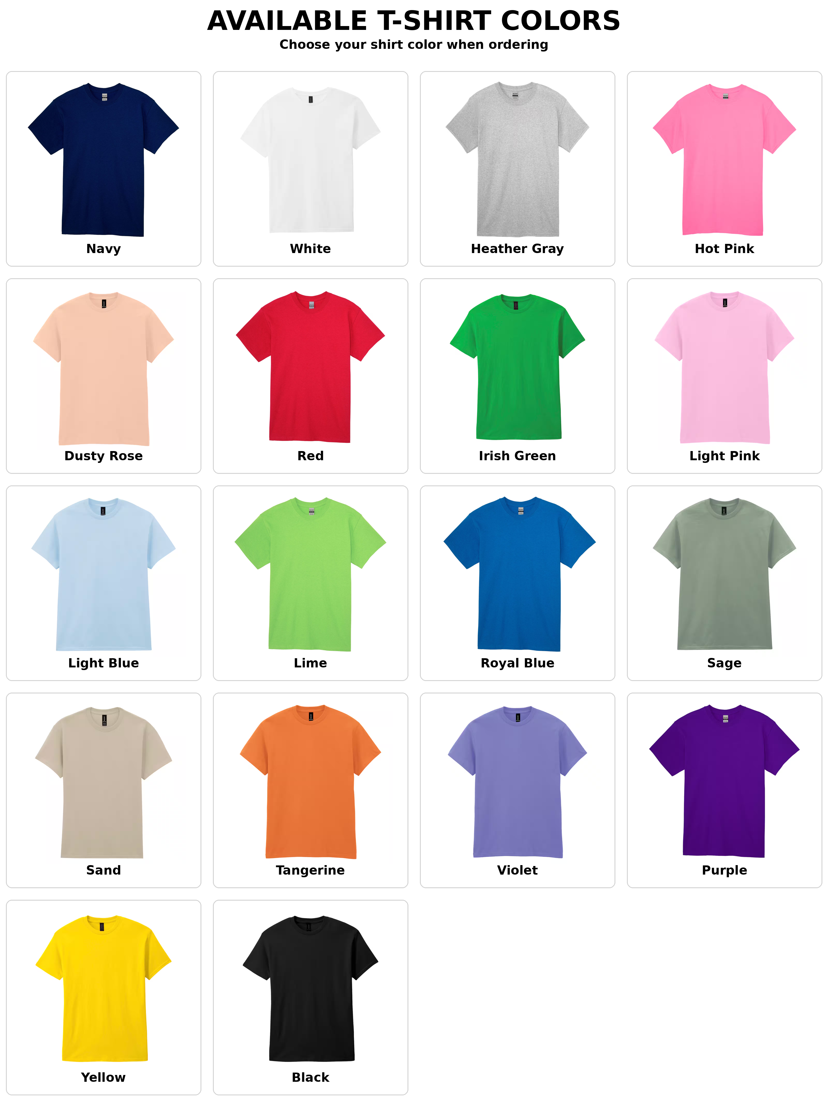 Chart displaying various t-shirt colors with corresponding text labels.
