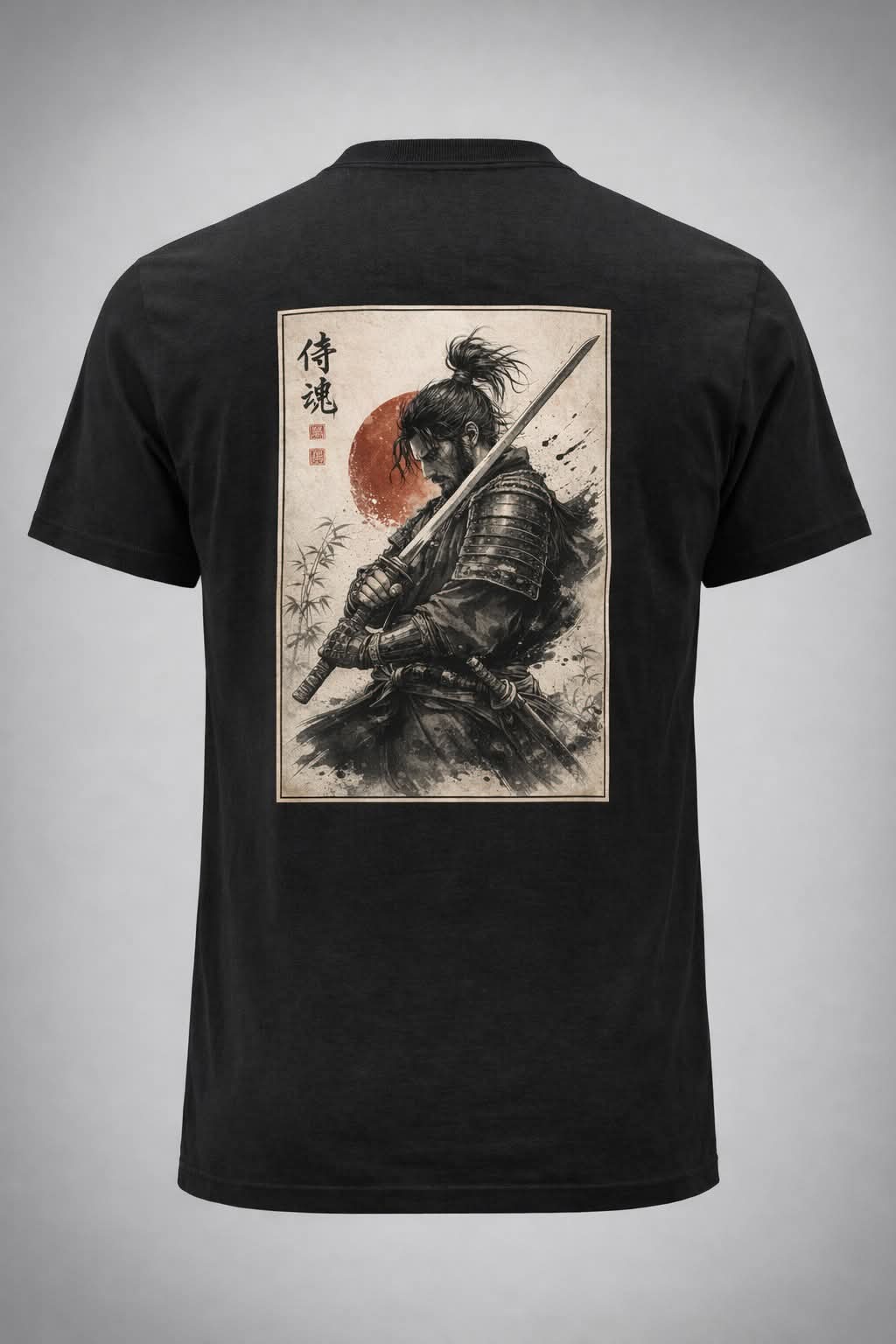 Black t-shirt with a samurai graphic on the back against a gray background