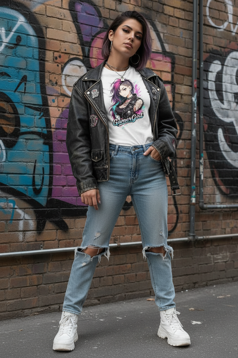 Person wearing a graphic t-shirt, leather jacket, and ripped jeans standing in front of a graffiti-covered wall.