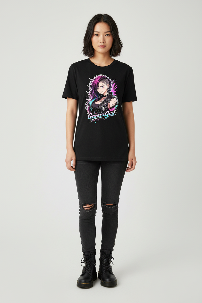 Black t-shirt with 'GamerGirl' graphic design featuring a character with pink and purple hair on a white background.