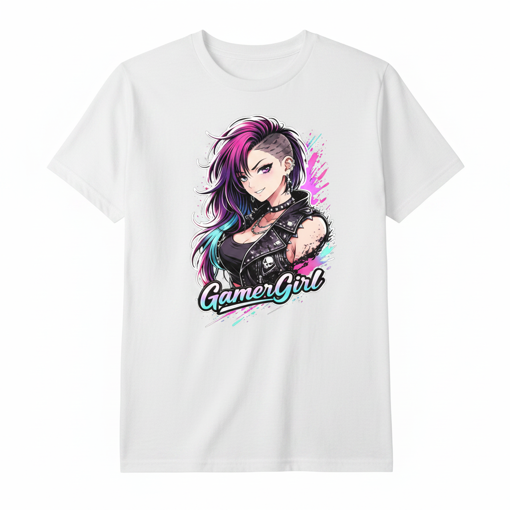 Black t-shirt with 'GamerGirl' graphic design featuring a character with pink and purple hair on a white background.