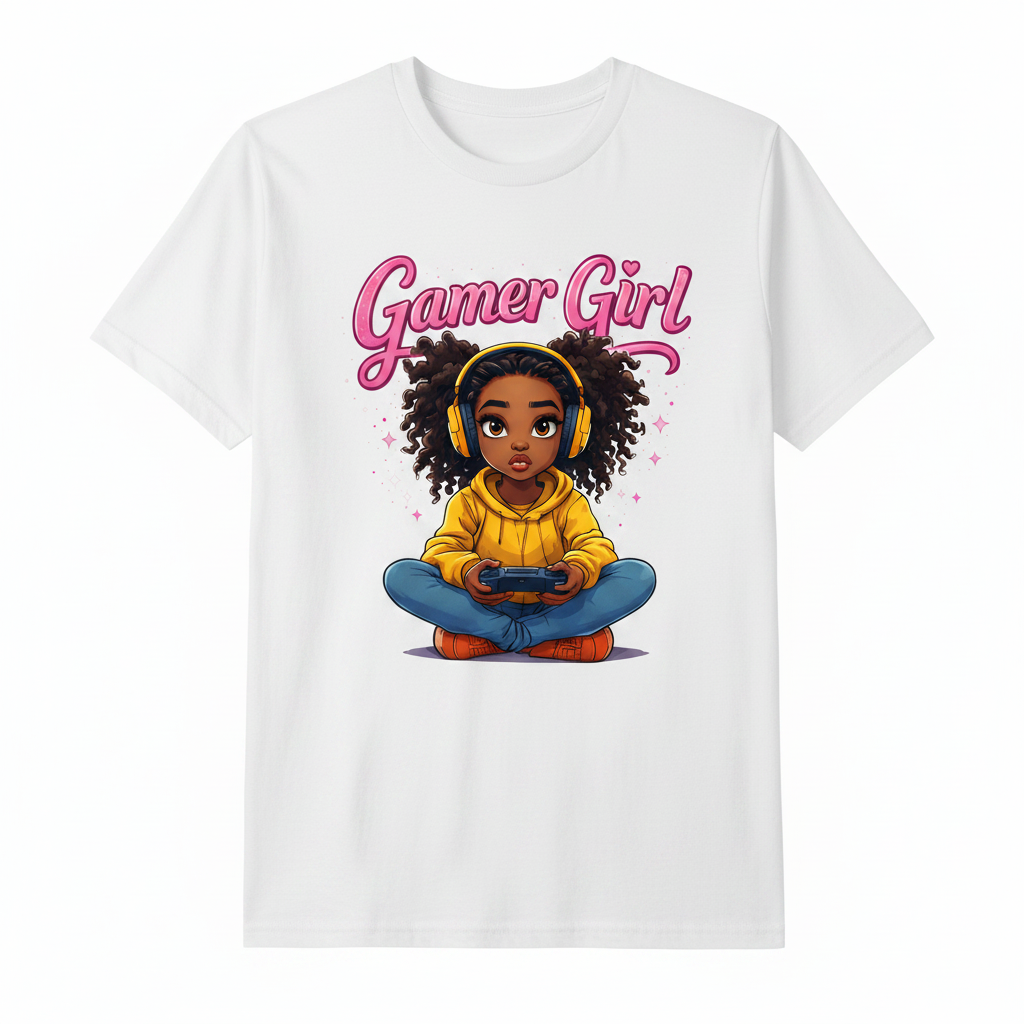 Black t-shirt with 'Gamer Girl' graphic featuring a girl with headphones and a controller on a white background.