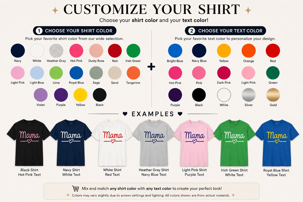 Color selection chart for customizing shirts with text color options and examples.