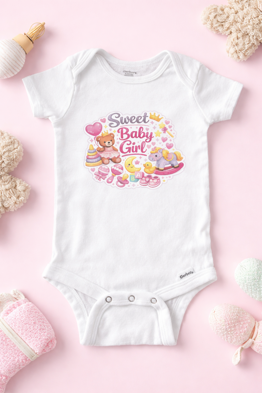White baby onesie with 'Sweet Baby Girl' text and cartoon designs on a pink background.