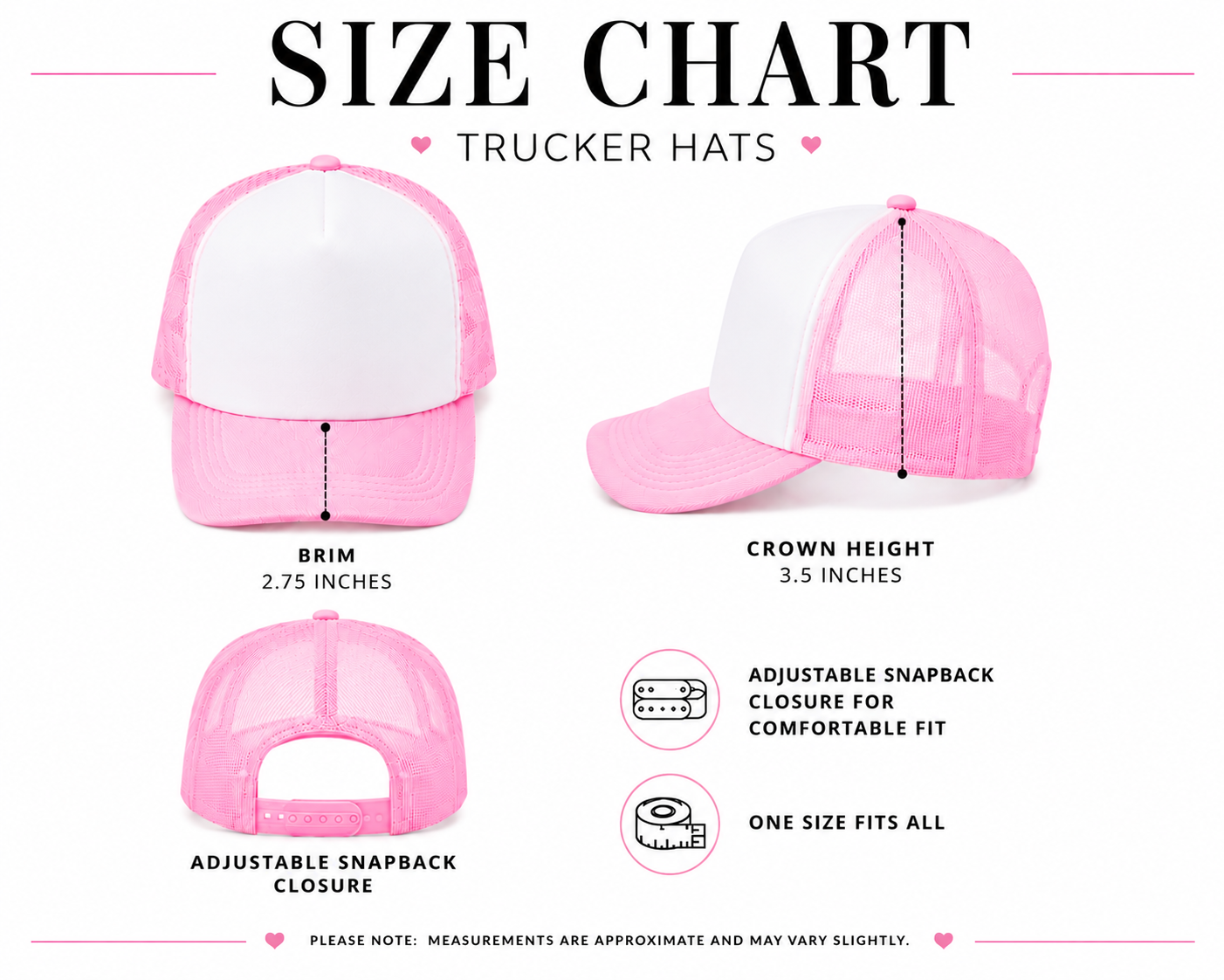 Size chart for pink and white trucker hats with measurements and features.