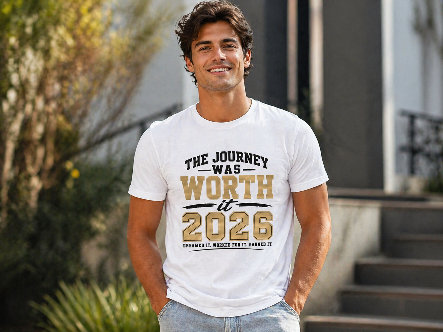 Man wearing a white t-shirt with 'The Journey Was Worth It 2026' text, standing outdoors.