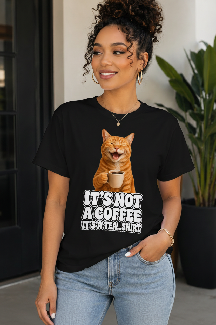 Woman wearing a white t-shirt with a cat graphic and text, standing indoors.