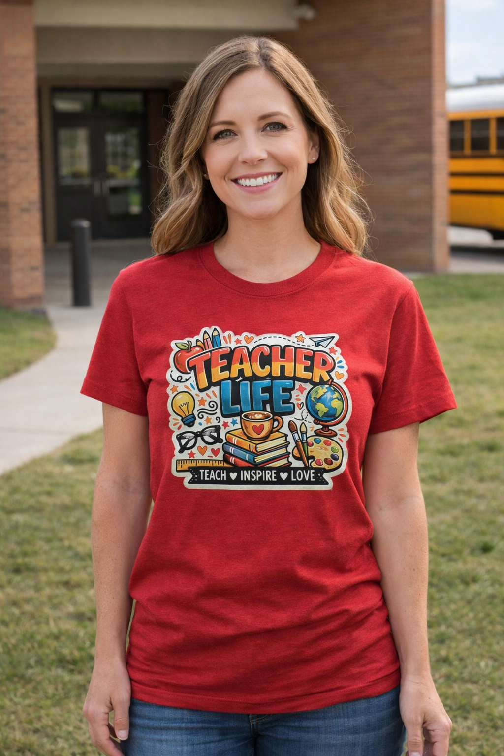 Woman wearing a red 'Teacher Life' t-shirt in front of a school building.