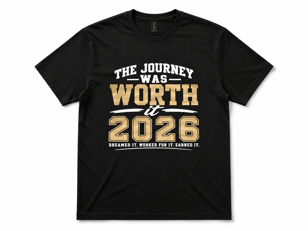 Black t-shirt with 'The Journey Was Worth It 2026' text design on a white background