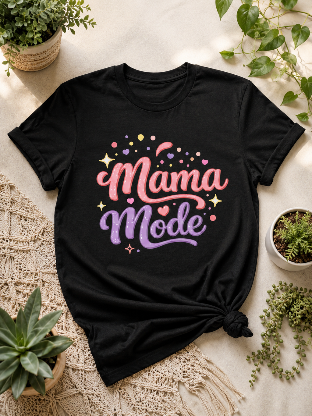 Black t-shirt with 'Mama Mode' text on a textured surface with plants