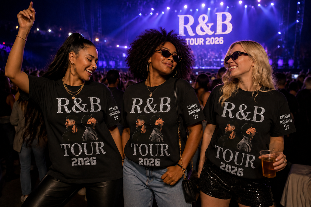 Three women wearing 'R&B Tour 2026' t-shirts at a concert.