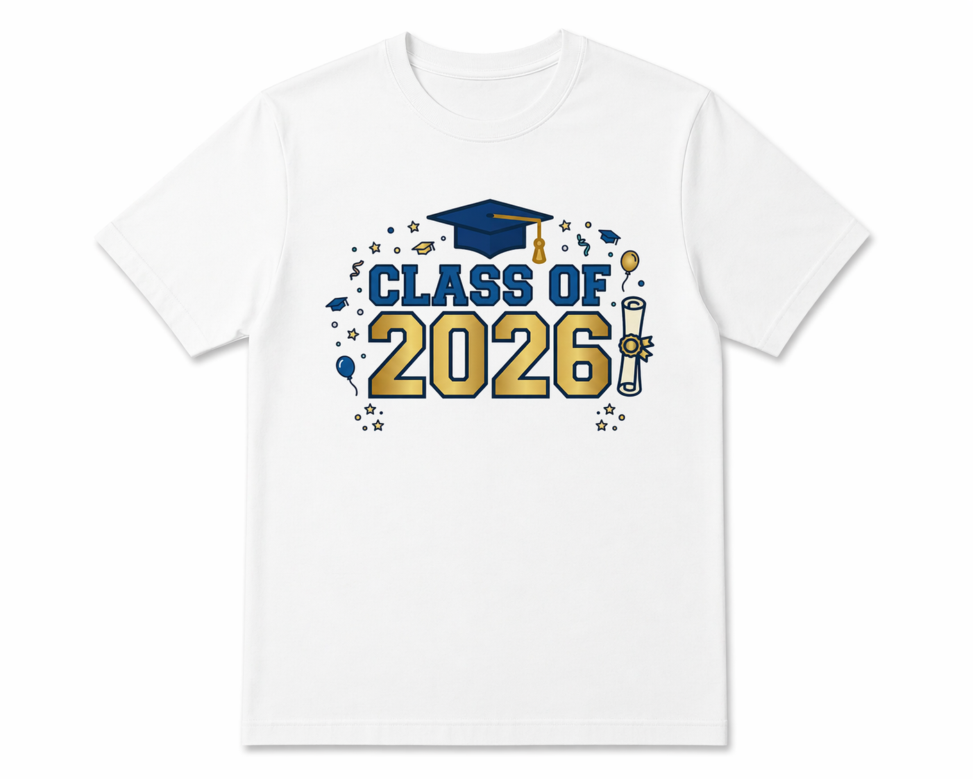 White t-shirt with 'Class of 2026' design featuring a graduation cap and diploma on a white background.