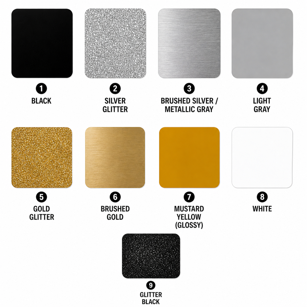 Color swatches of various metallic finishes including black, silver glitter, brushed silver, light gray, gold glitter, brushed gold, mustard yellow, white, and glitter black.