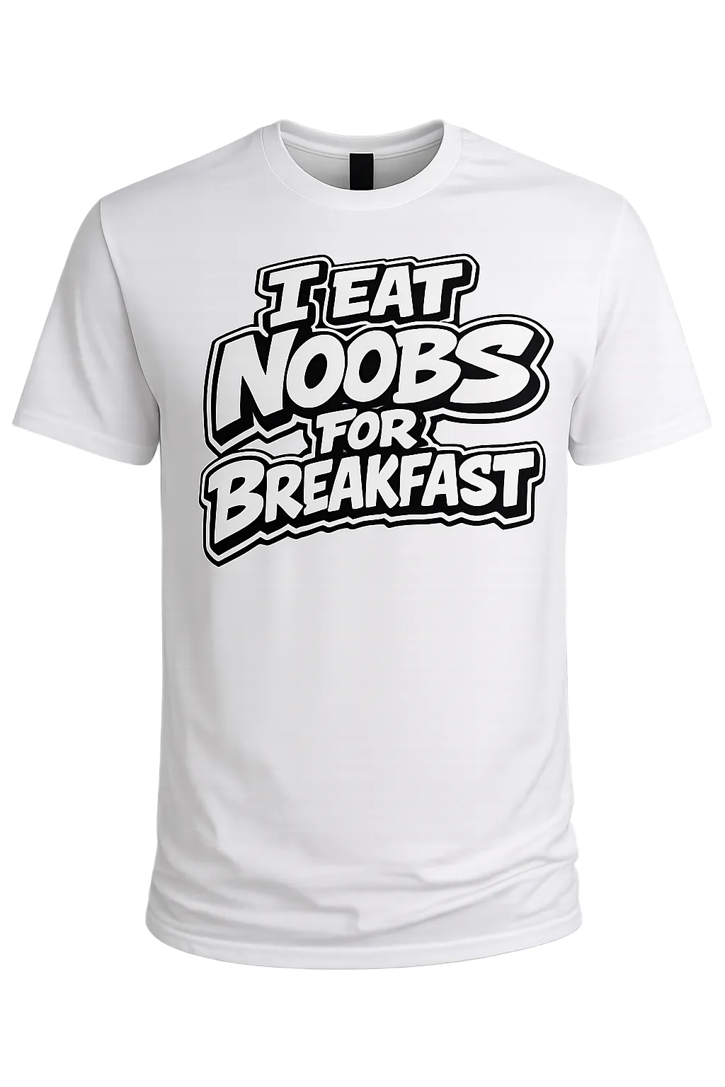 White t-shirt with 'I Eat Noobs for Breakfast' text design on a white background