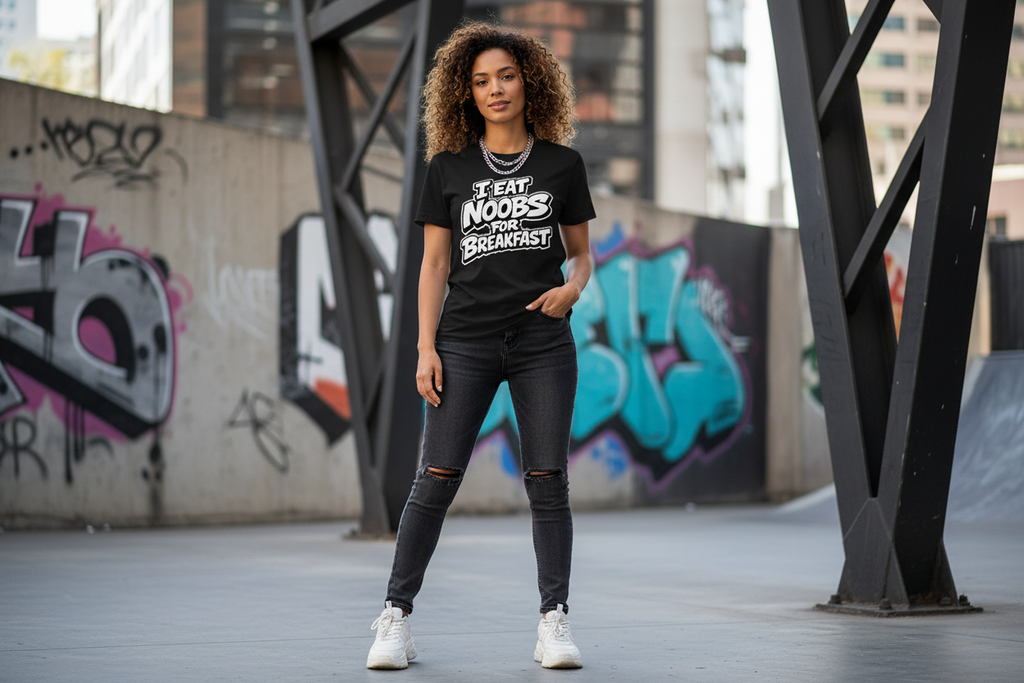 Person wearing a black t-shirt with text, standing in an urban setting with graffiti.