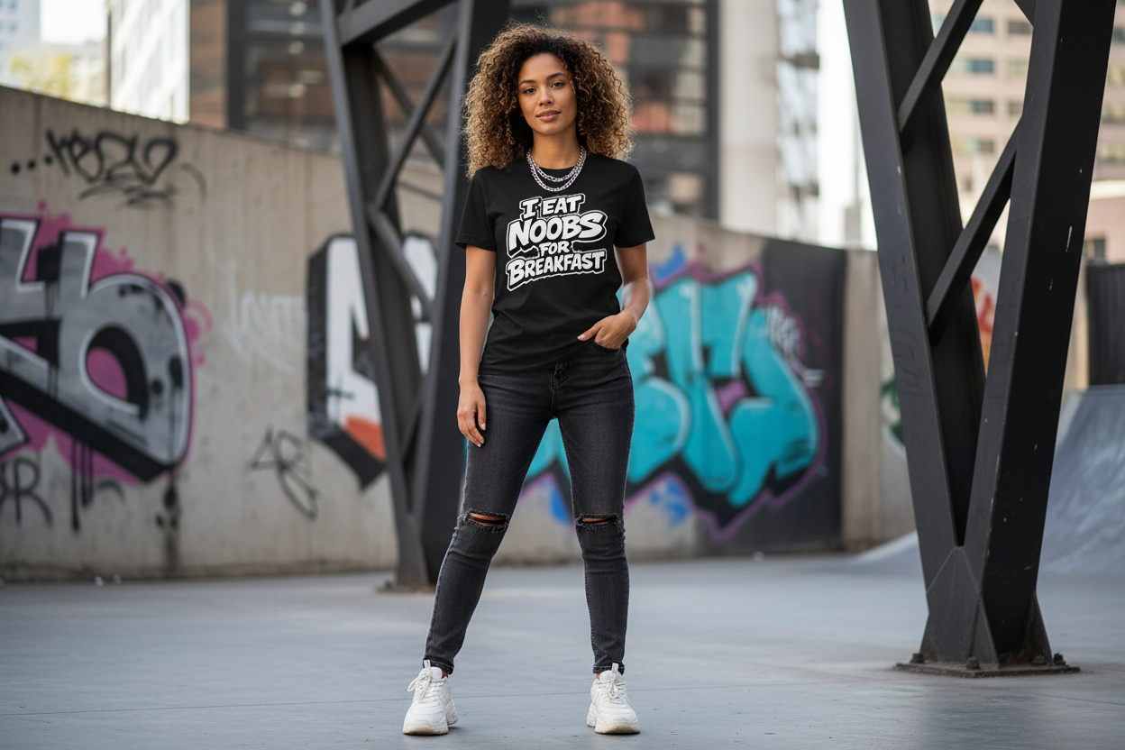 Person wearing a black t-shirt with text, standing in an urban setting with graffiti.
