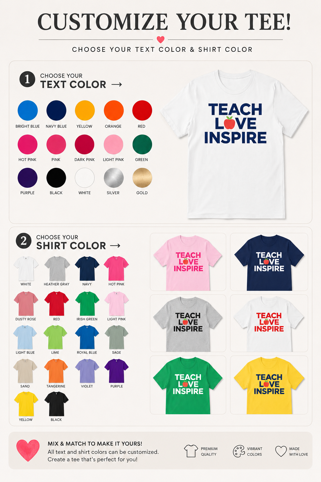 Customizable t-shirt design tool with text color and shirt color options displayed.
