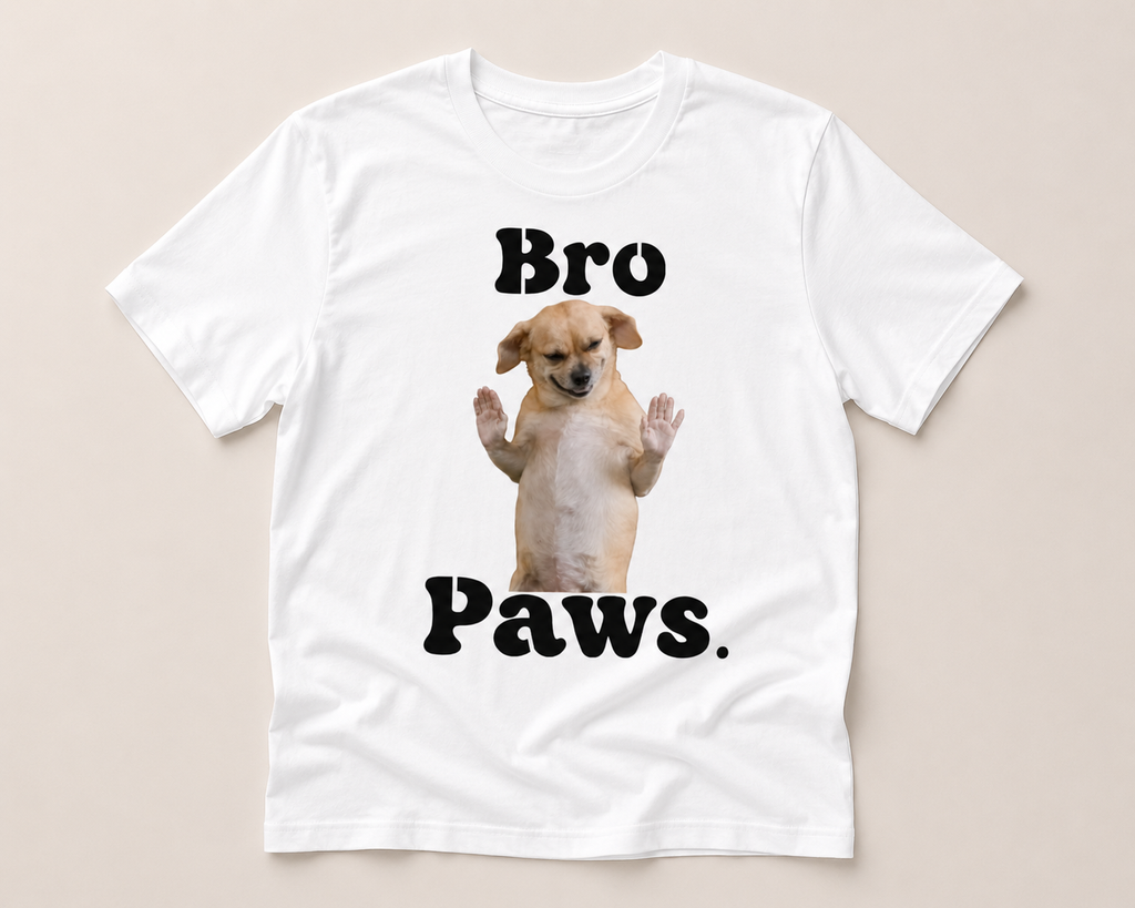 White t-shirt with a dog graphic and 'Bro Paws' text on a beige background