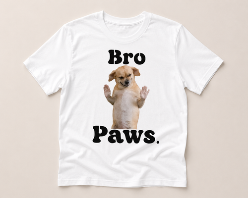White t-shirt with a dog graphic and 'Bro Paws' text on a beige background