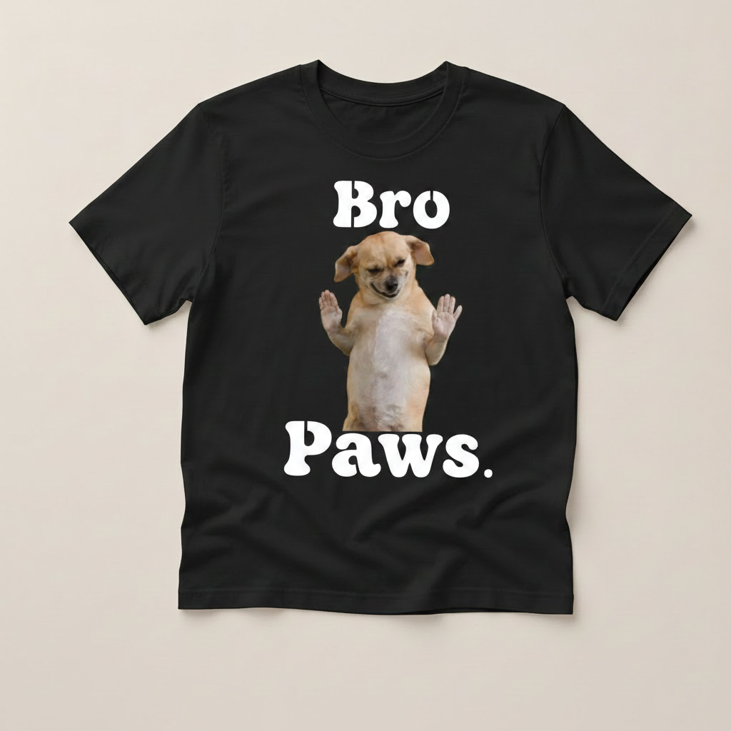 Black t-shirt with a dog graphic and 'Bro Paws' text on a beige background