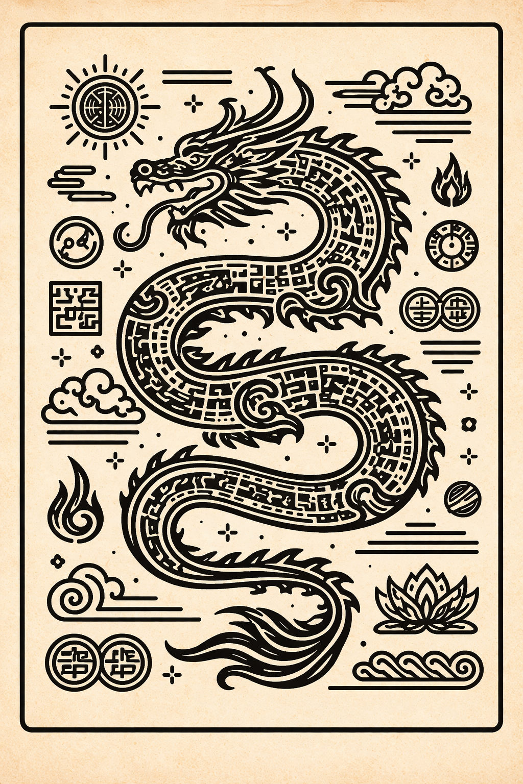Traditional black dragon design on a beige background with various symbols.